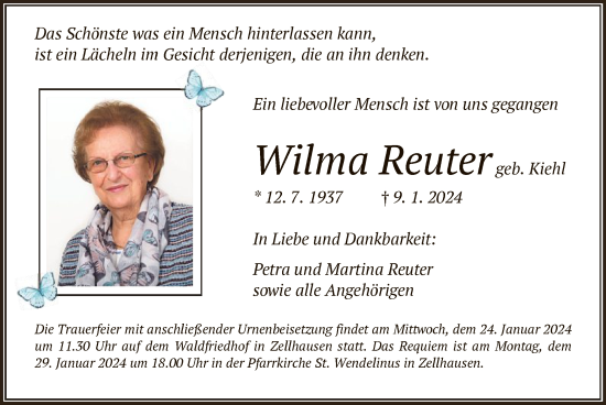 Traueranzeige von Wilma Reuter von OF