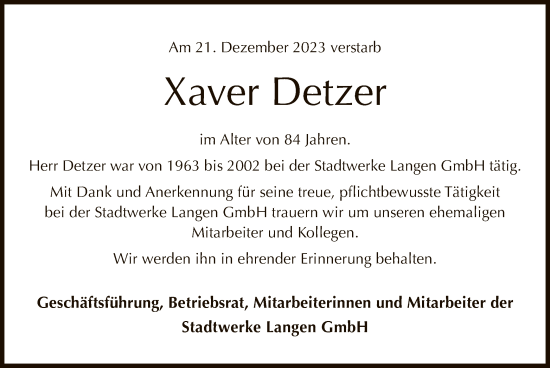 Traueranzeige von Xaver Detzer von OF