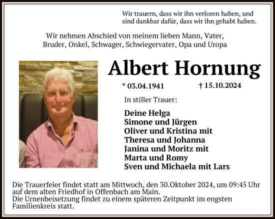 Traueranzeige von Albert Hornung von OF