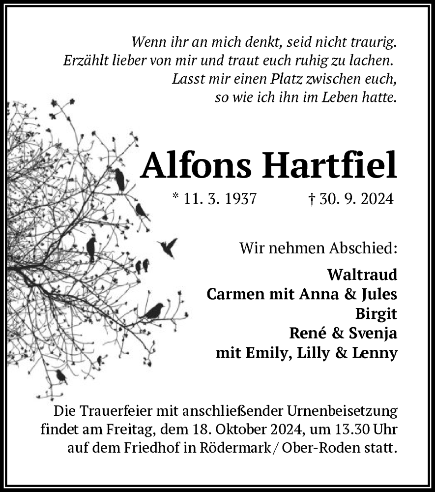  Traueranzeige für Alfons Hartfiel vom 12.10.2024 aus OF