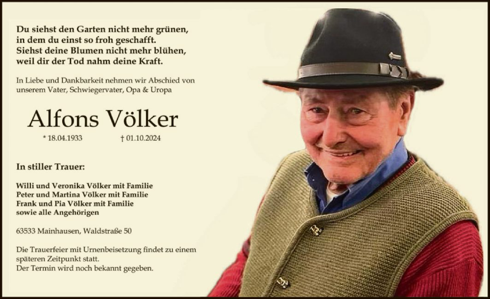  Traueranzeige für Alfons Völker vom 12.10.2024 aus OF