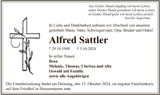 Traueranzeige von Alfred Sattler von OF