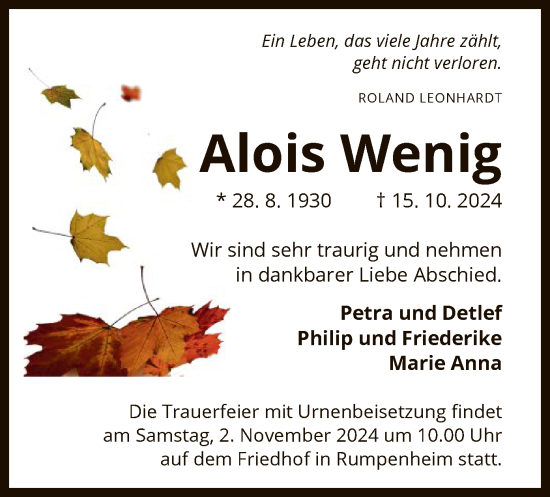 Traueranzeige von Alois Wenig von OF