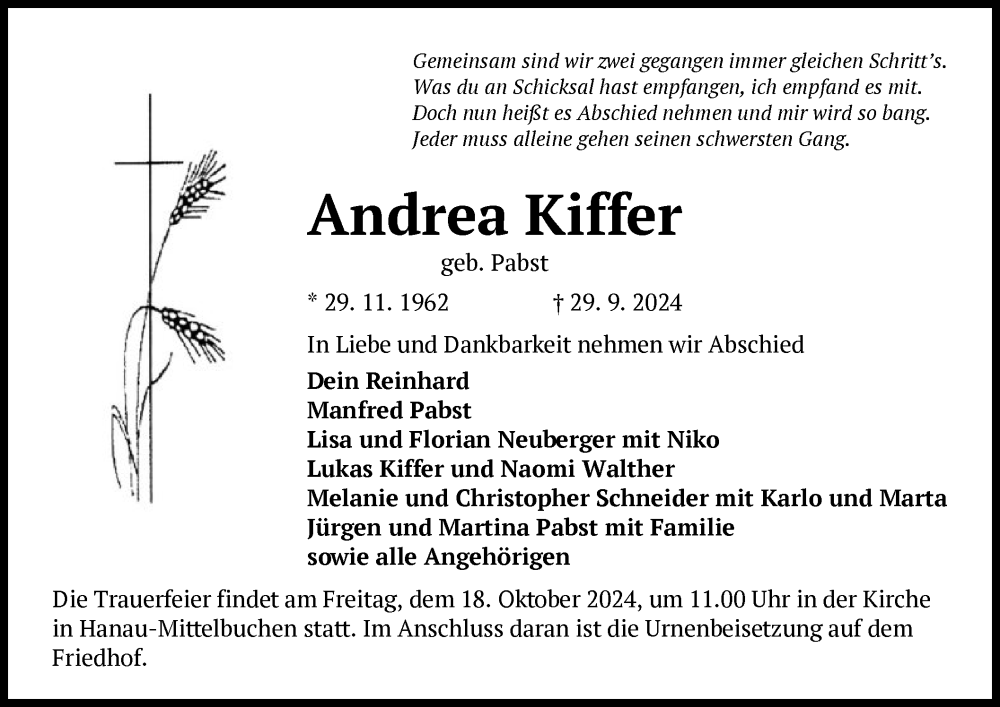  Traueranzeige für Andrea Kiffer vom 05.10.2024 aus OF