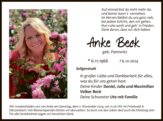 Traueranzeige von Anke Beck von OF