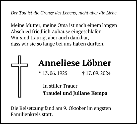 Traueranzeige von Anneliese Löbner von OF