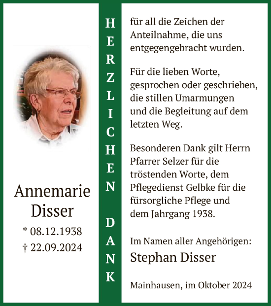 Traueranzeige von Annemarie Disser von OF