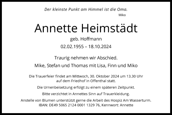 Traueranzeige von Annette Heimstädt von OF