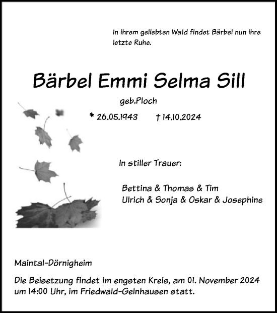 Traueranzeige von Bärbel Emmi Selma Sill von OF