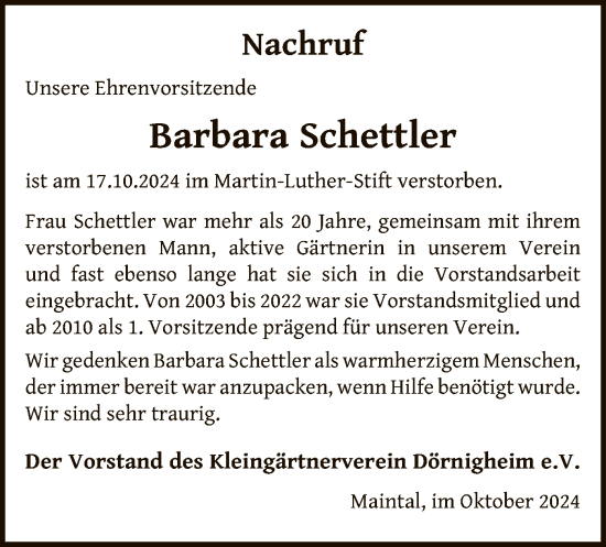 Traueranzeige von Barbara Schettler von OF