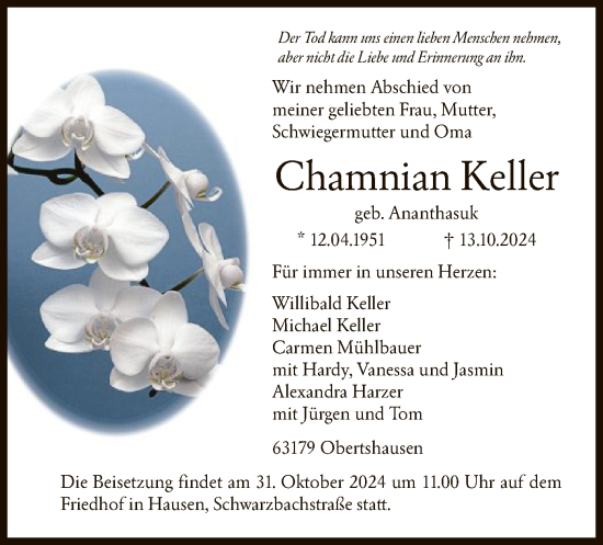 Traueranzeige von Chamnian Keller von OF