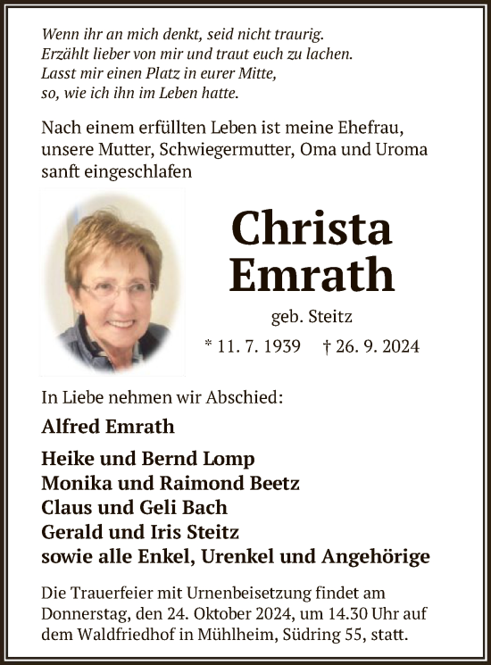 Traueranzeige von Christa Emrath von OF