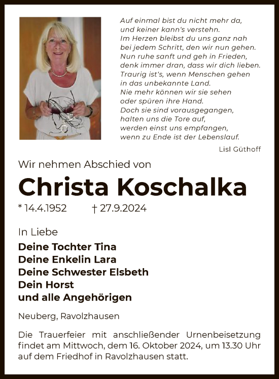 Traueranzeige von Christa Koschalka von OF