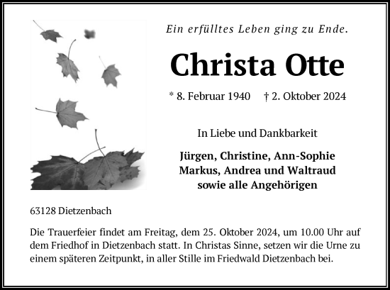 Traueranzeige von Christa Otte von OF