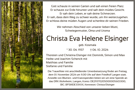 Traueranzeige von Christa Eva Helene Elsinger von OF