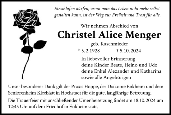 Traueranzeige von Christel Alice Menger von OF