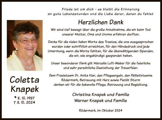 Traueranzeige von Coletta Knapek von OF