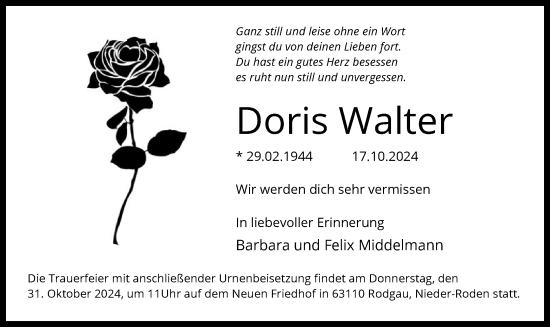 Traueranzeige von Doris Walter von OF