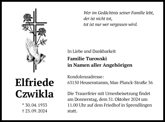 Traueranzeige von Elfriede Czwikla von OF