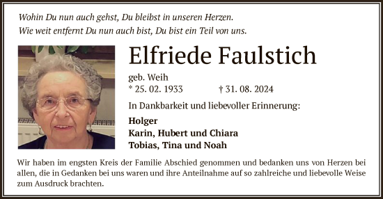 Traueranzeige von Elfriede Faulstich von OF