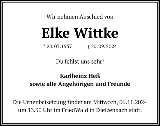 Traueranzeige von Elke Wittke von OF