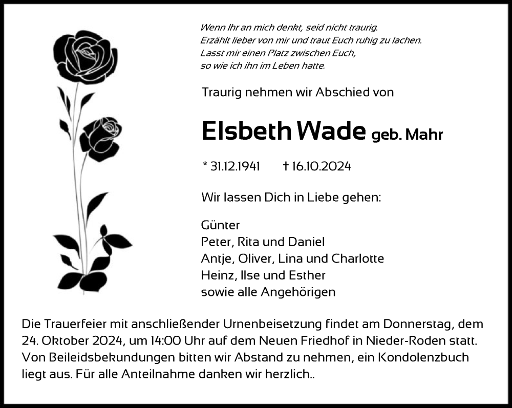  Traueranzeige für Elsbeth Wade vom 19.10.2024 aus OF