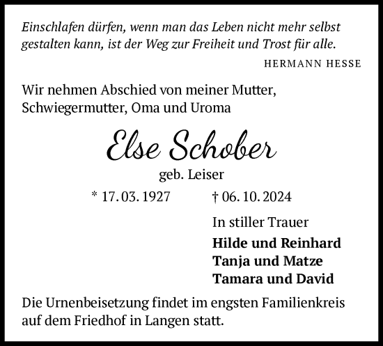 Traueranzeige von Else Schober von OF