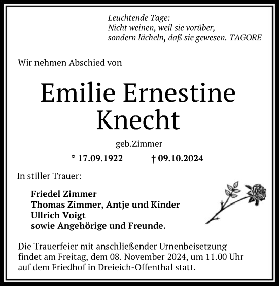 Traueranzeige von Emilie Ernestine Knecht von OF