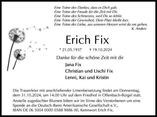 Traueranzeige von Erich Fix von OF