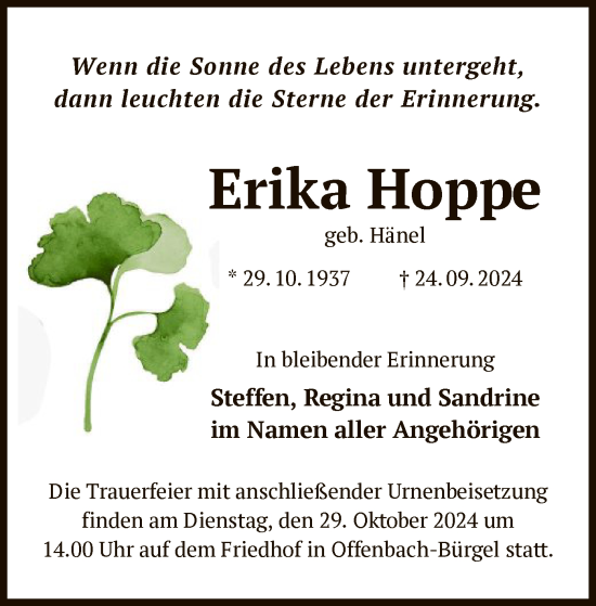 Traueranzeige von Erika Hoppe von OF