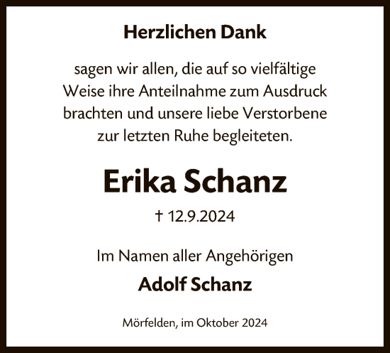 Traueranzeige von Erika Schanz von OF