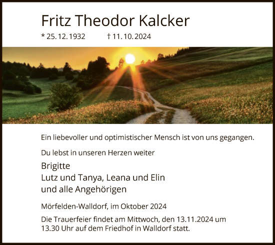 Traueranzeige von Fritz Theodor Kalcker von OF