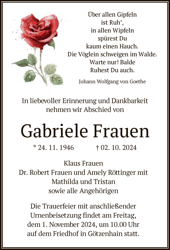 Traueranzeige von Gabriele Frauen von OF