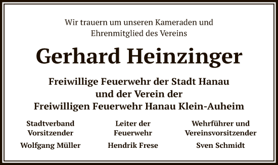 Traueranzeige von Gerhard Heinzinger von OF