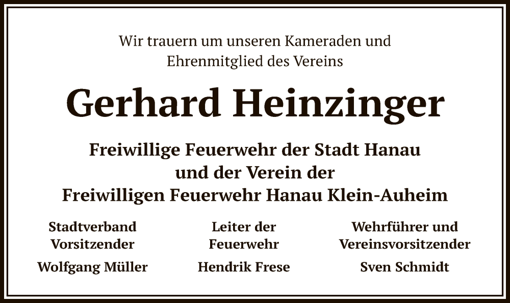  Traueranzeige für Gerhard Heinzinger vom 12.10.2024 aus OF