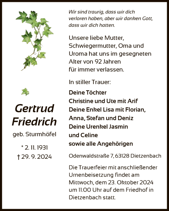 Traueranzeige von Gertrud Friedrich von OF