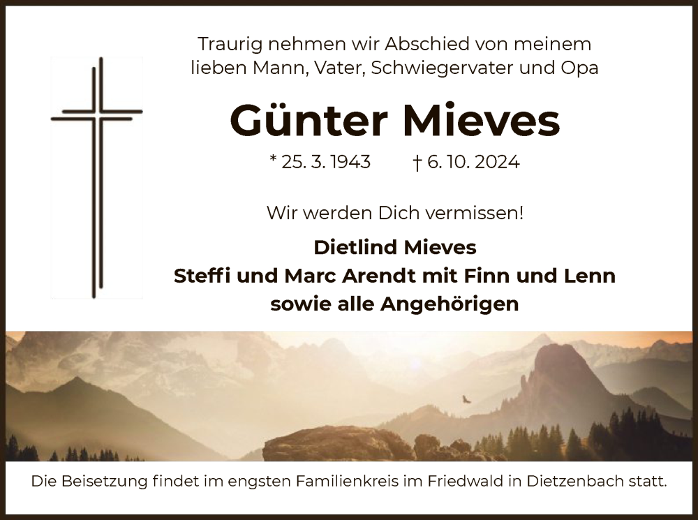  Traueranzeige für Günther Mieves vom 19.10.2024 aus OF