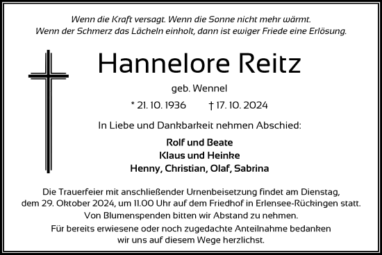 Traueranzeige von Hannelore Reitz von OF