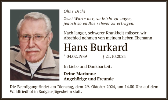 Traueranzeige von Hans Burkard von OF