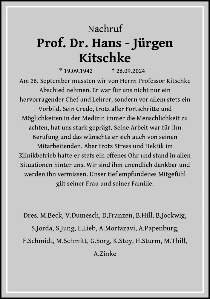  Traueranzeige für Hans-Jürgen Kitschke vom 19.10.2024 aus OF