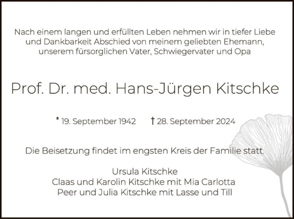  Traueranzeige für Hans-Jürgen Kitschke vom 05.10.2024 aus OF