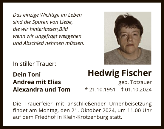 Traueranzeige von Hedwig Fischer von OF