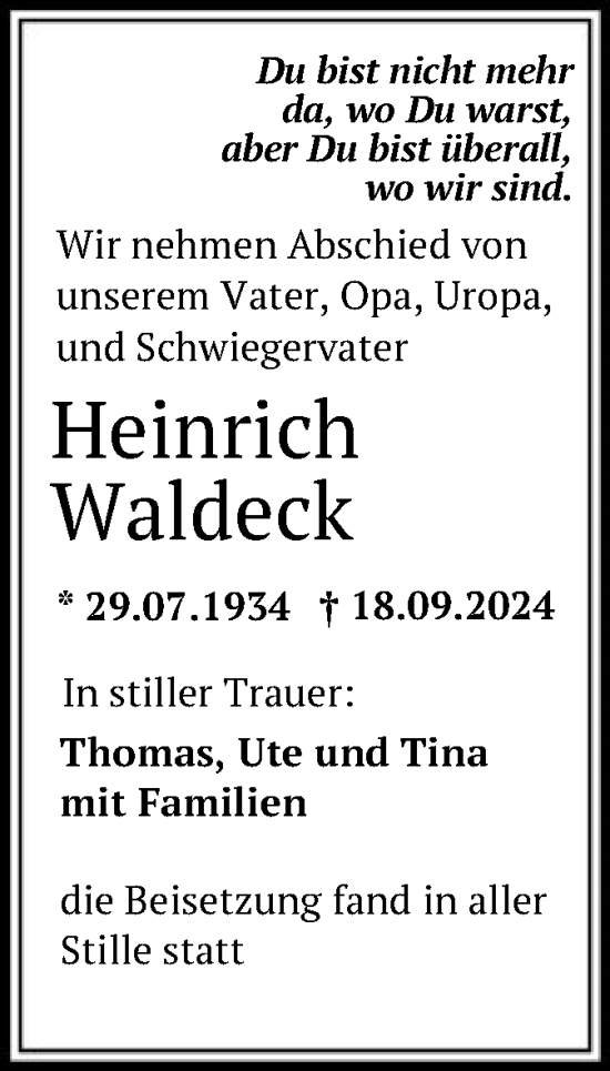 Traueranzeige von Heinrich Waldeck von OF