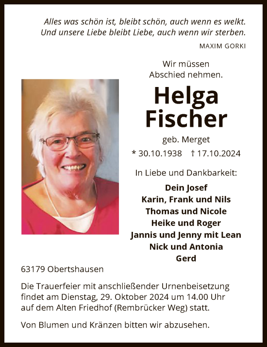 Traueranzeige von Helga Fischer von OF