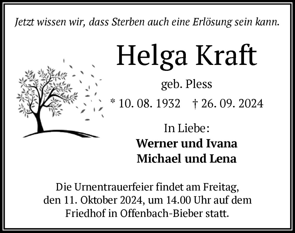  Traueranzeige für Helga Kraft vom 05.10.2024 aus OF