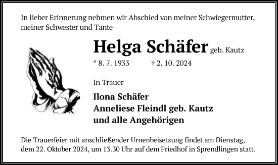 Traueranzeige von Helga Schäfer von OF