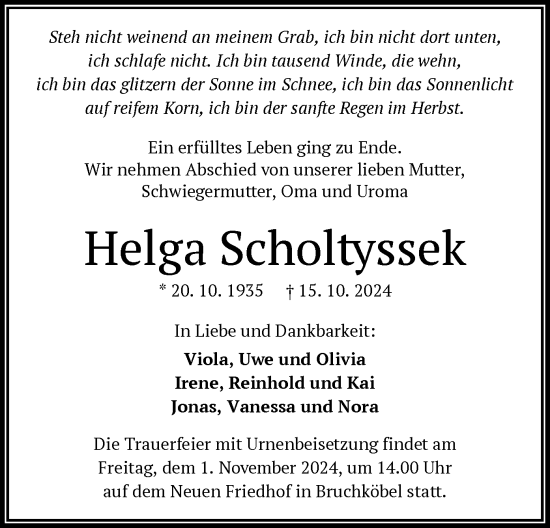 Traueranzeige von Helga Scholtyssek von OF