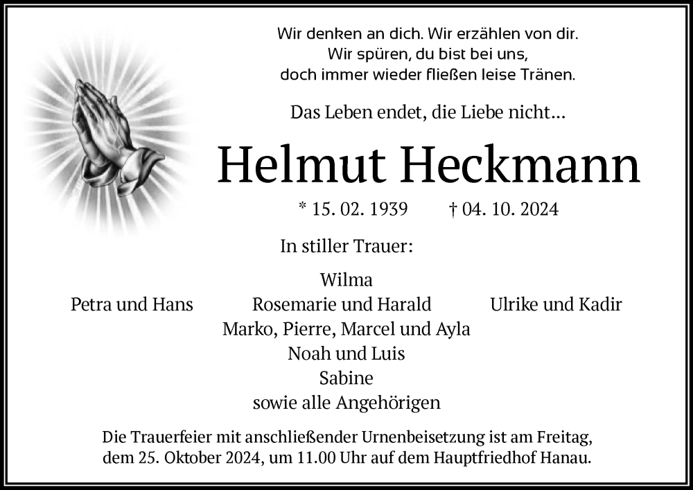  Traueranzeige für Helmut Heckmann vom 12.10.2024 aus OF