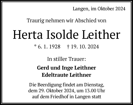 Traueranzeige von Herta Isolde Leither von OF