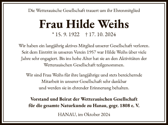 Traueranzeige von Hilde Weihs von OF